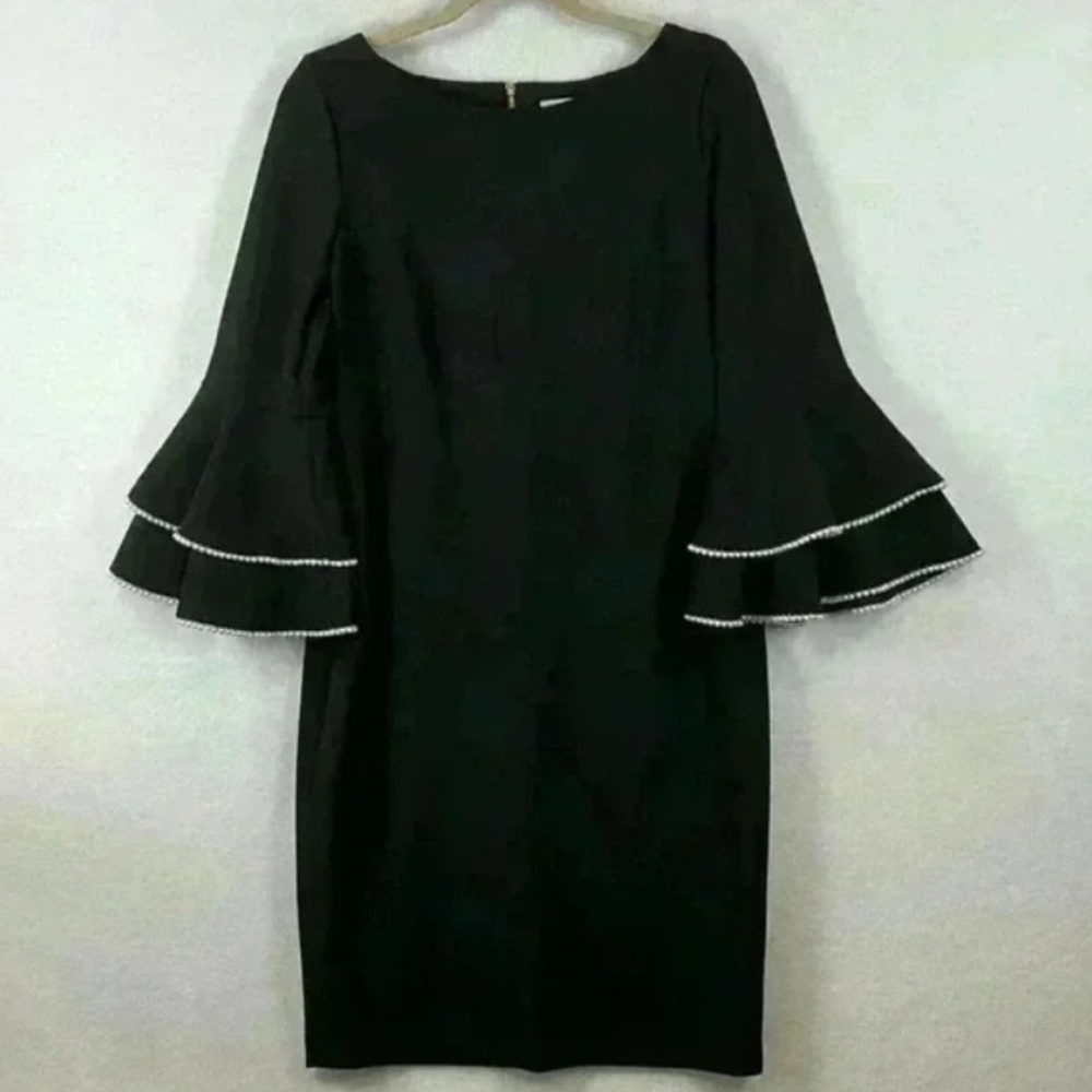 Calvin Klein Black 3/4 sleeve Sheath Dress with pearl Embellishment